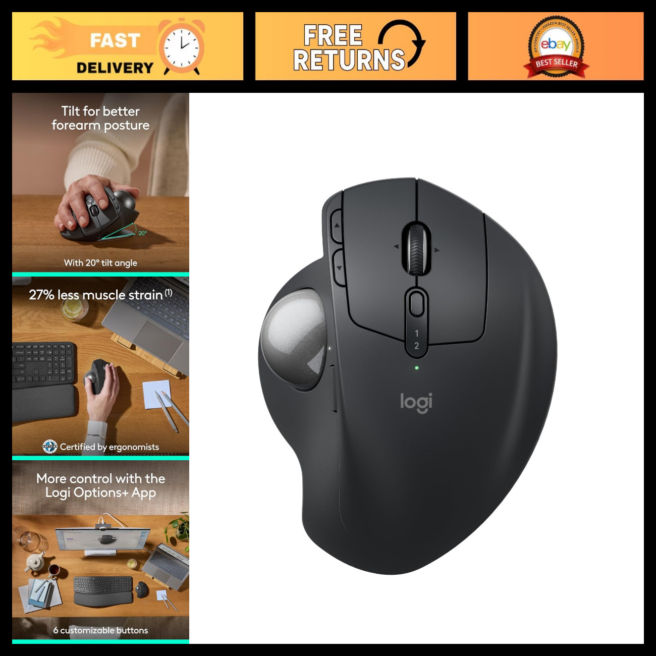 Advanced Wireless Trackball Mouse USB-C, Ergonomic Design, Precision Control, Gr