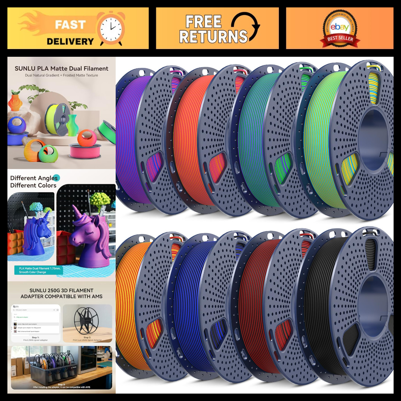 Dual Color PLA 3D Printer Filament 1.75mm - 8 Spools, 250g Each, High Quality