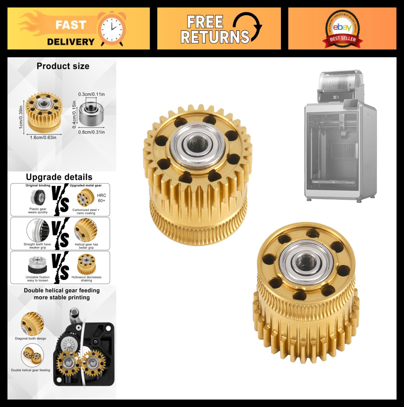 2pcs All-Metal Extruder Gear Kit for 3D Printers, Carbonized Steel, Nano Coating