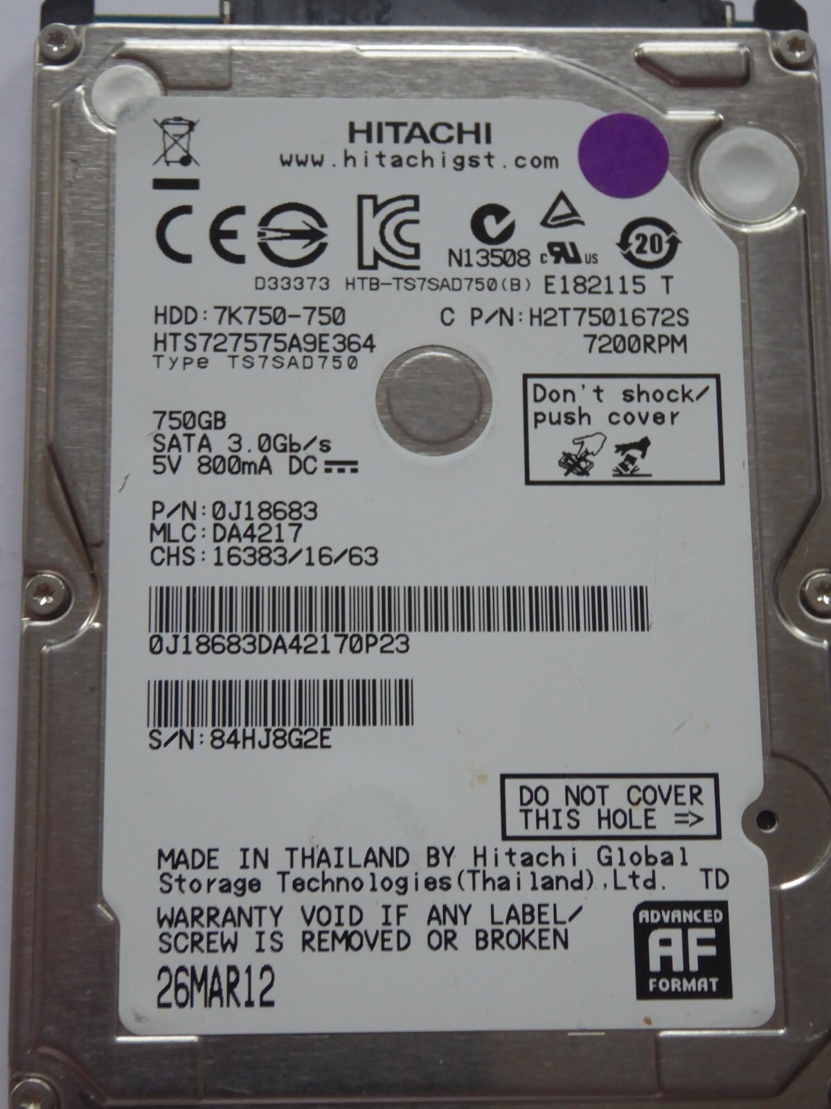 Hitachi HTS727575A9E364 MLC: DA4217 P/N: 0J18683 26MAR12 7K750-750 750GB