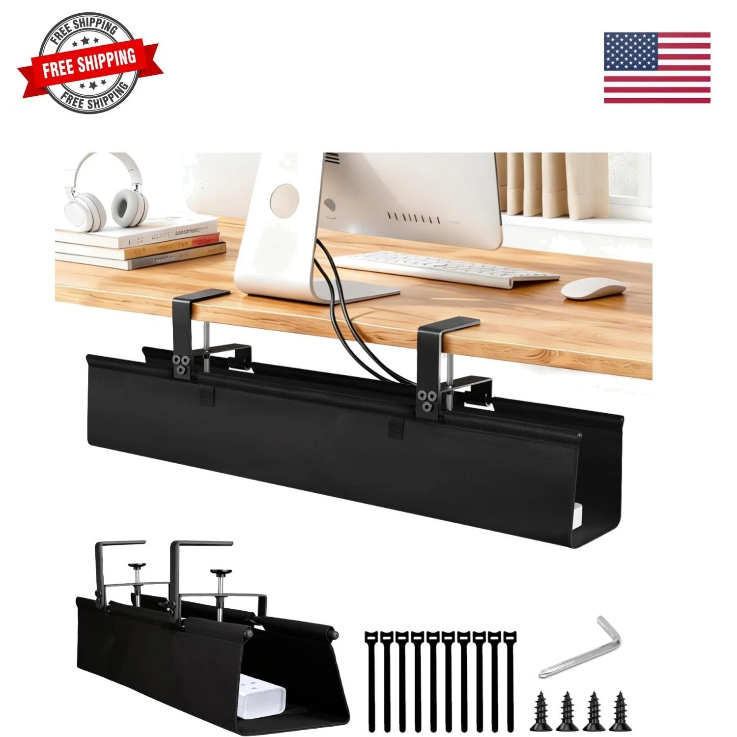 Under Desk Cable Management Tray - Heavy Duty No-Drill Clamp & Screw Mount, 2...