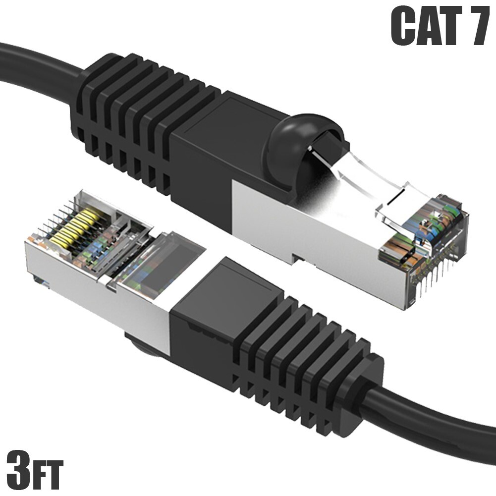 3FT Cat7 RJ45 Network LAN Ethernet SSTP Patch Cable Shielded Copper 600MHz Black
