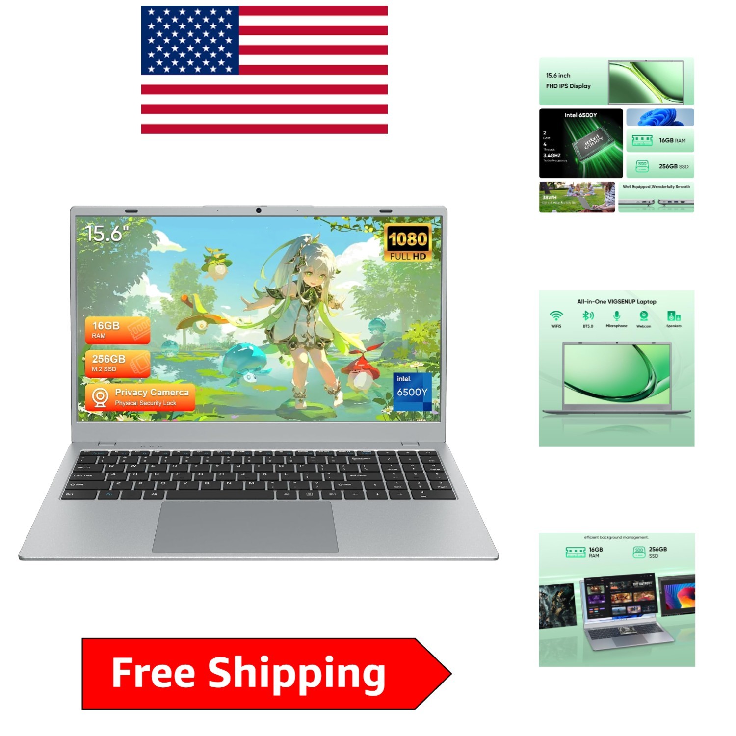 Stylish Silver 15.6" Laptop – 1080p Display, 256GB SSD & WiFi 5 Connectivity