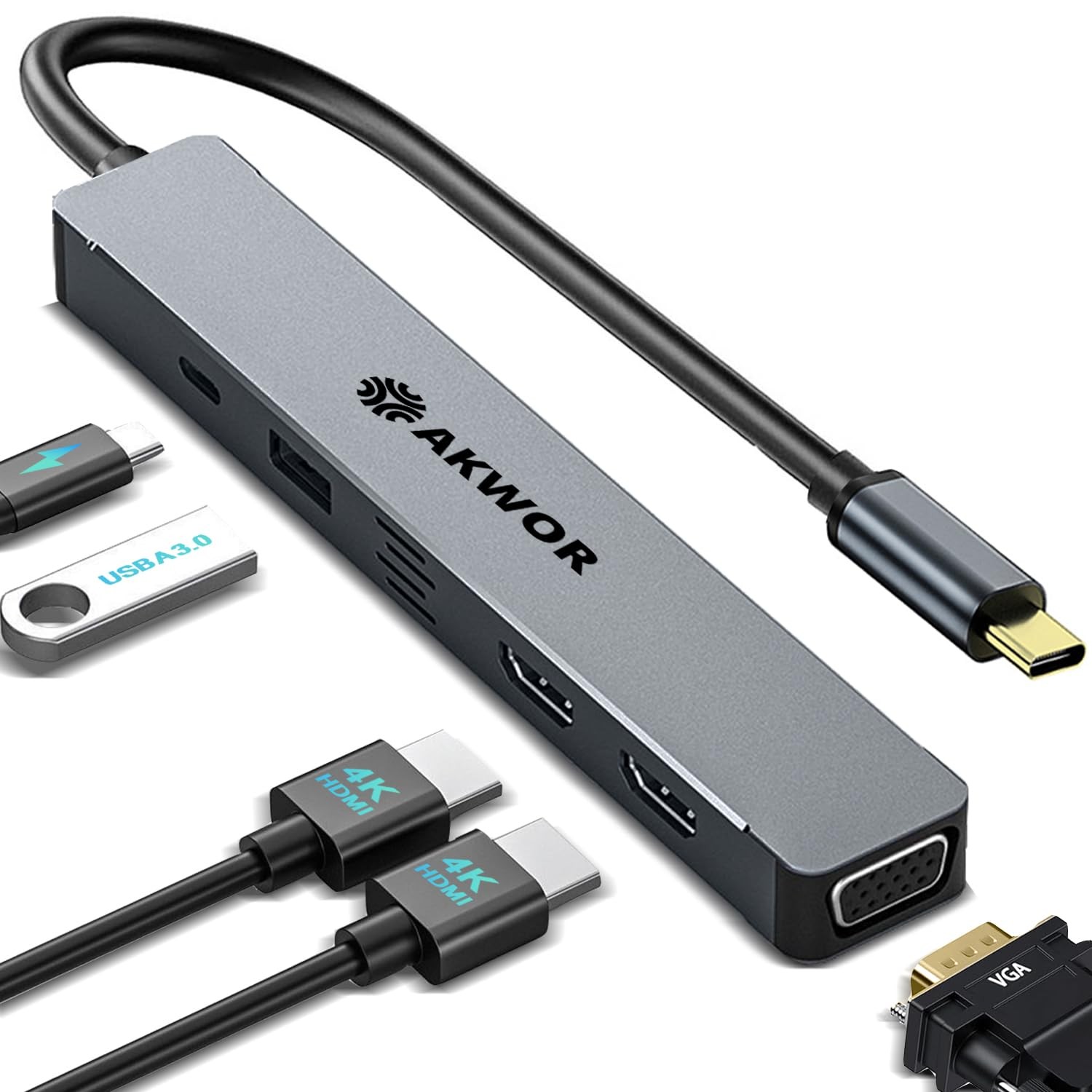 USB C Hub Docking Station Dual HDMI, C to HDMI VGA Adapter Silver Grey