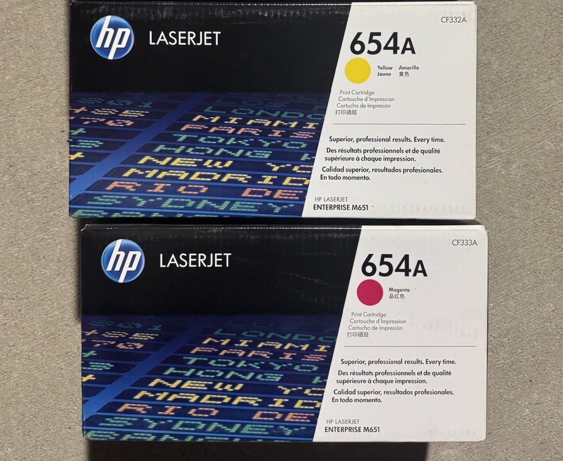 Lot Of 2  GENUINE HP CF332A/CF333A ( 654A ) Magenta&Yellow Toner Cartridges NEW