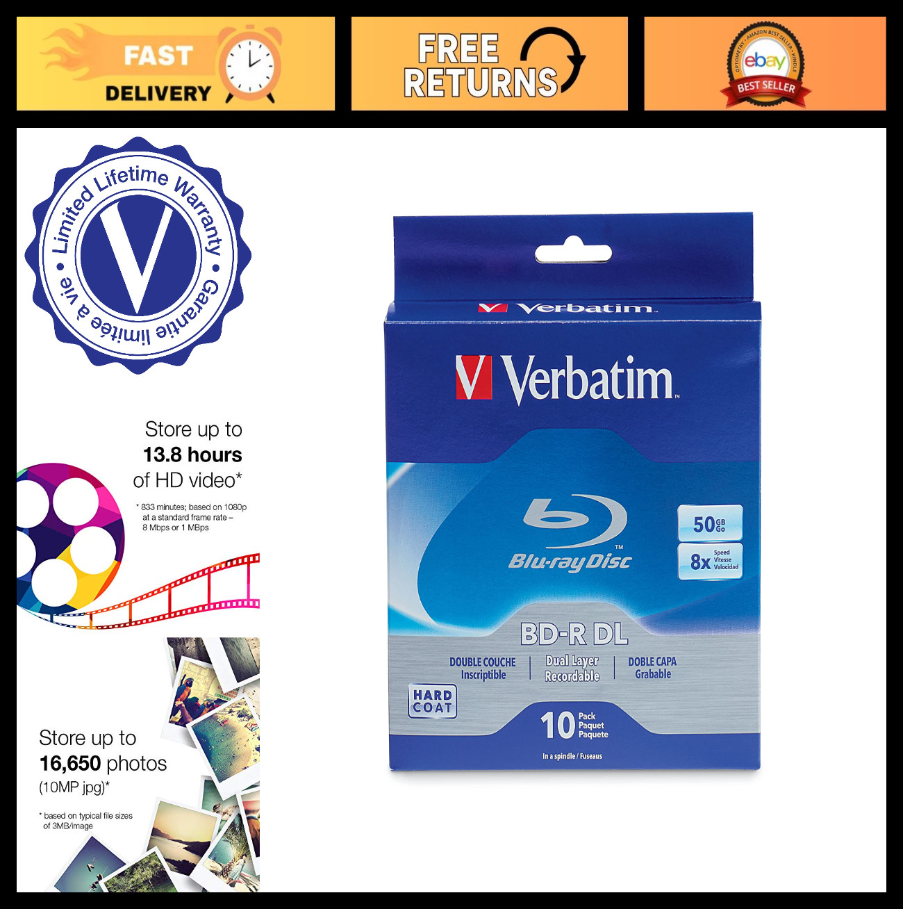 50GB BD-R DL Blu-ray Discs 8X Recordable Media - Double Layer 10 Pack Spindle