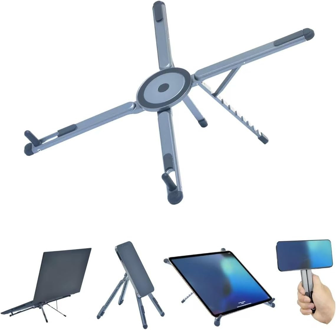 Adjustable Foldable Laptop Stand with Magnetic Phone Holder - Silver Gray