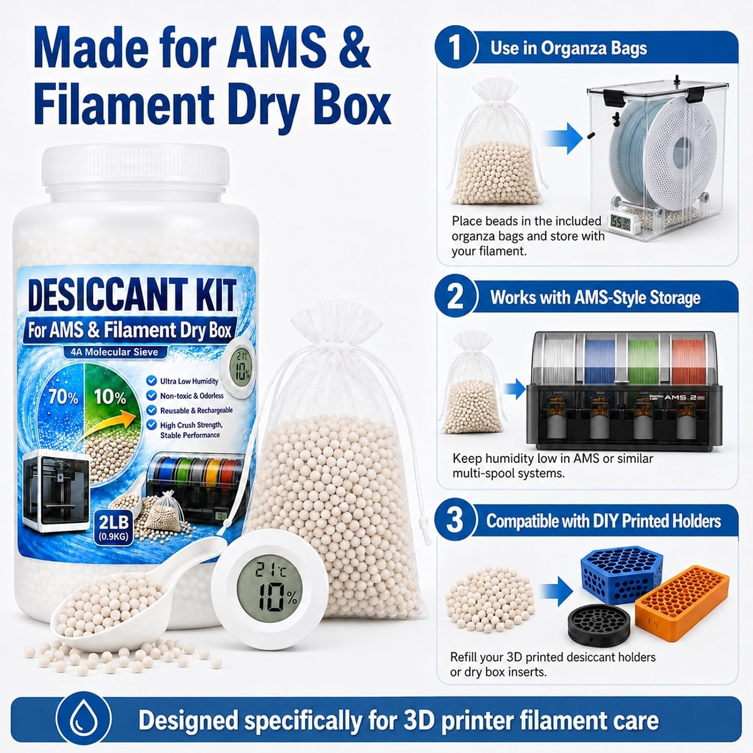 4A Molecular Sieve Desiccant for 3D Printer Filament 2LB Beads Kit with Digital