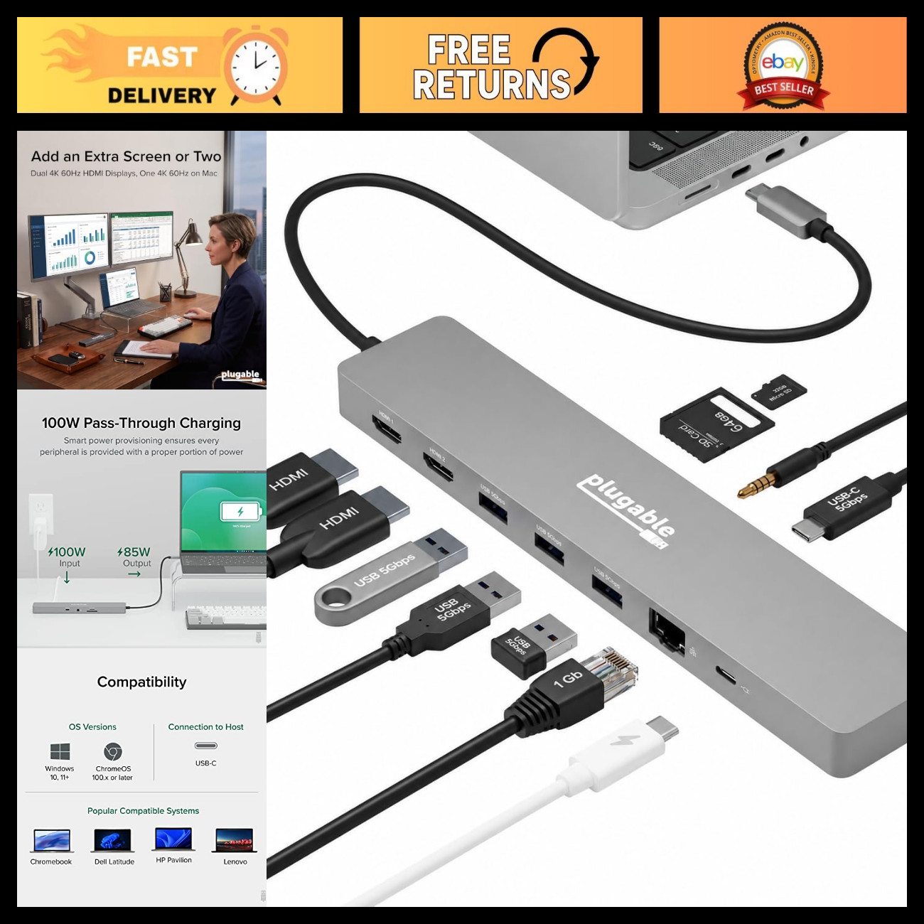 11-in-1 USB-C Hub with 100W Pass-Through Power, Multiport Adapter for Laptops &