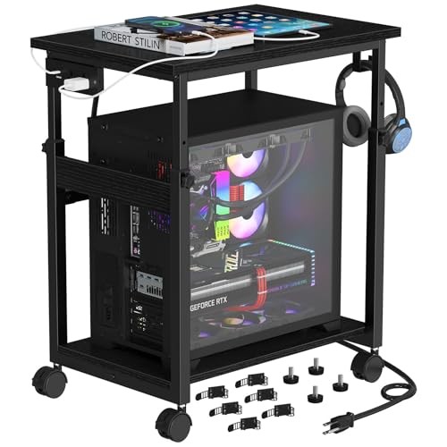 Snughome Extra-Large Computer Tower Stand with Charging Station, Adjustable PC