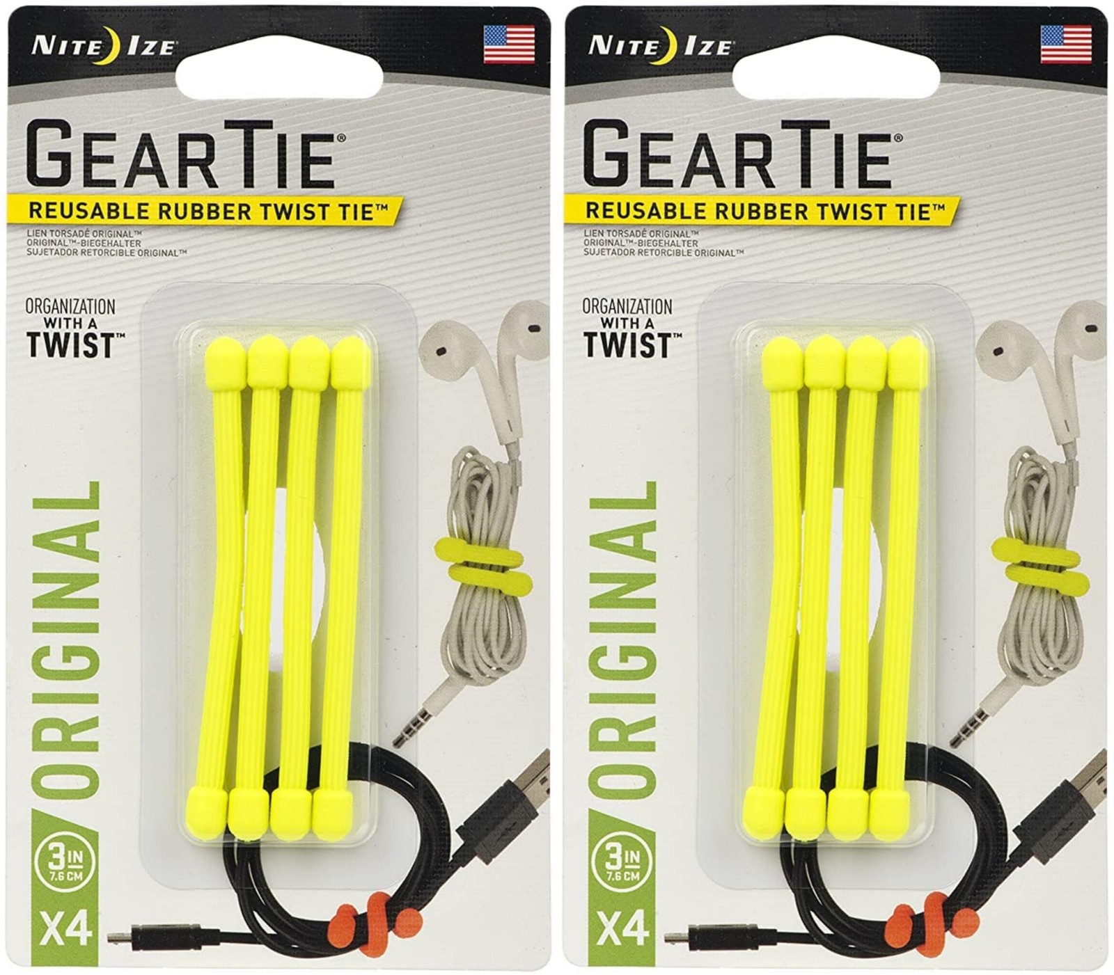 Nite Ize 4-Pack Gear Tie Reusable Rubber Twist Tie, 3" - Neon Yellow (2-Pack)