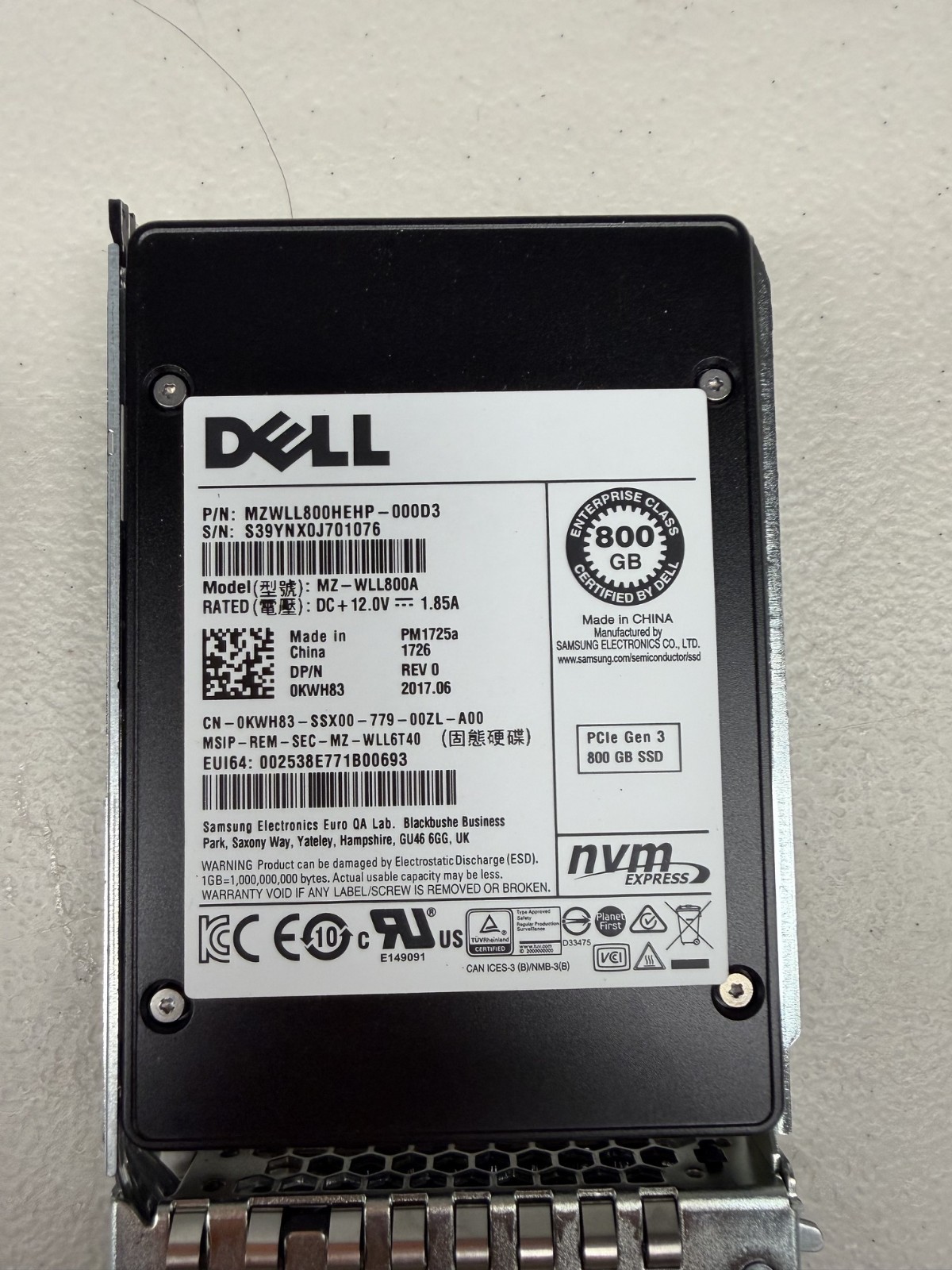 Dell 800GB Samsung MZ-WLL800A, 800GB NVMe PCIe Gen 2.5in U.2 SSD 0KWH83