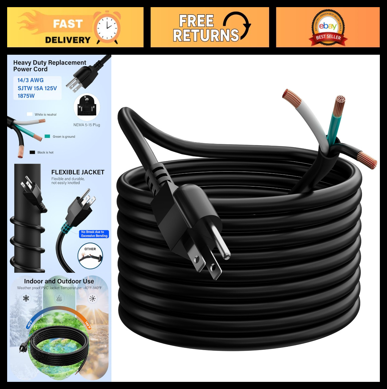 14 Gauge 10FT Power Supply Cord, 3 Prong Extension Cable, Pigtail Wiring, 15A/12