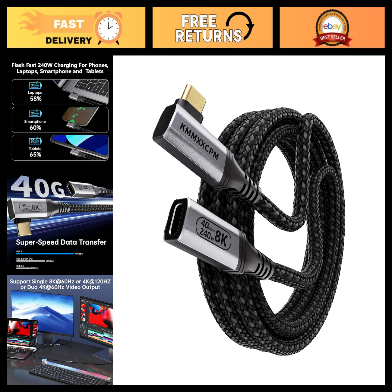 6.6FT Right Angle USB-C Extension Cable, 40Gbps Data Transfer, 240W Fast Chargin