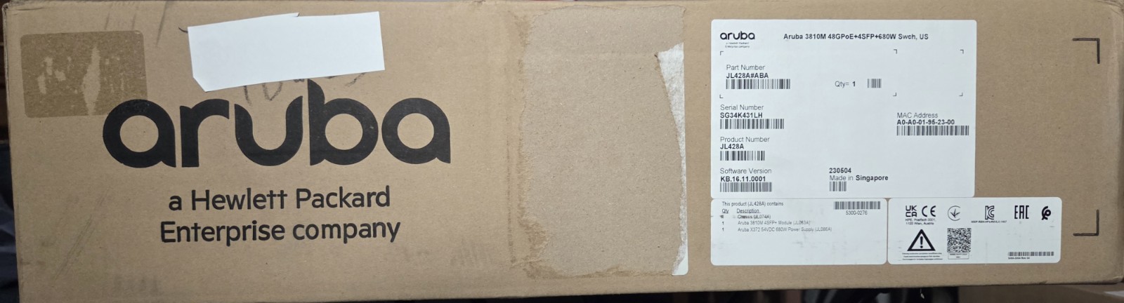 HPE/Aruba JL428A (3810M) 48-Port, 1G PoE+, L3 Switch w/ JL086A and JL083A