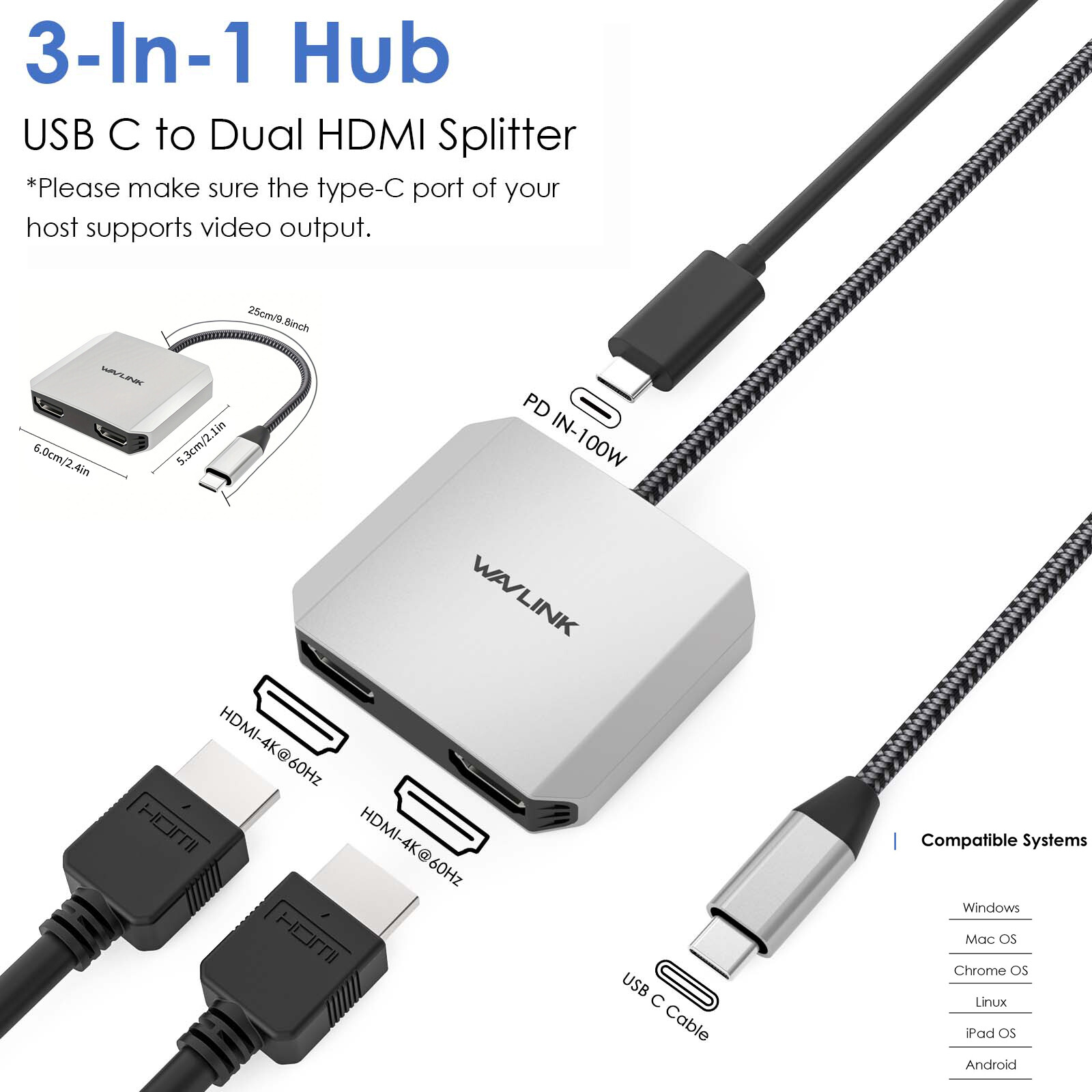 3in1 USB C to Dual HDMI Adapter 4K@60Hz Dual Monitors Converter 87W PD Charging