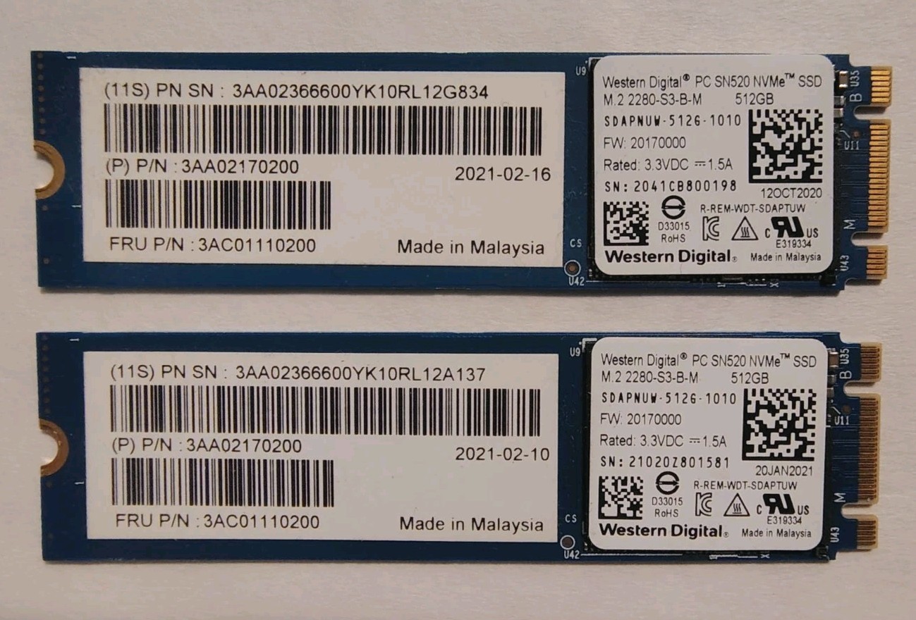 Lot of 2 WD PC SN520 512GB NVMe M.2 2280 SSD SDAPNUW-512G - Tested Good Health 