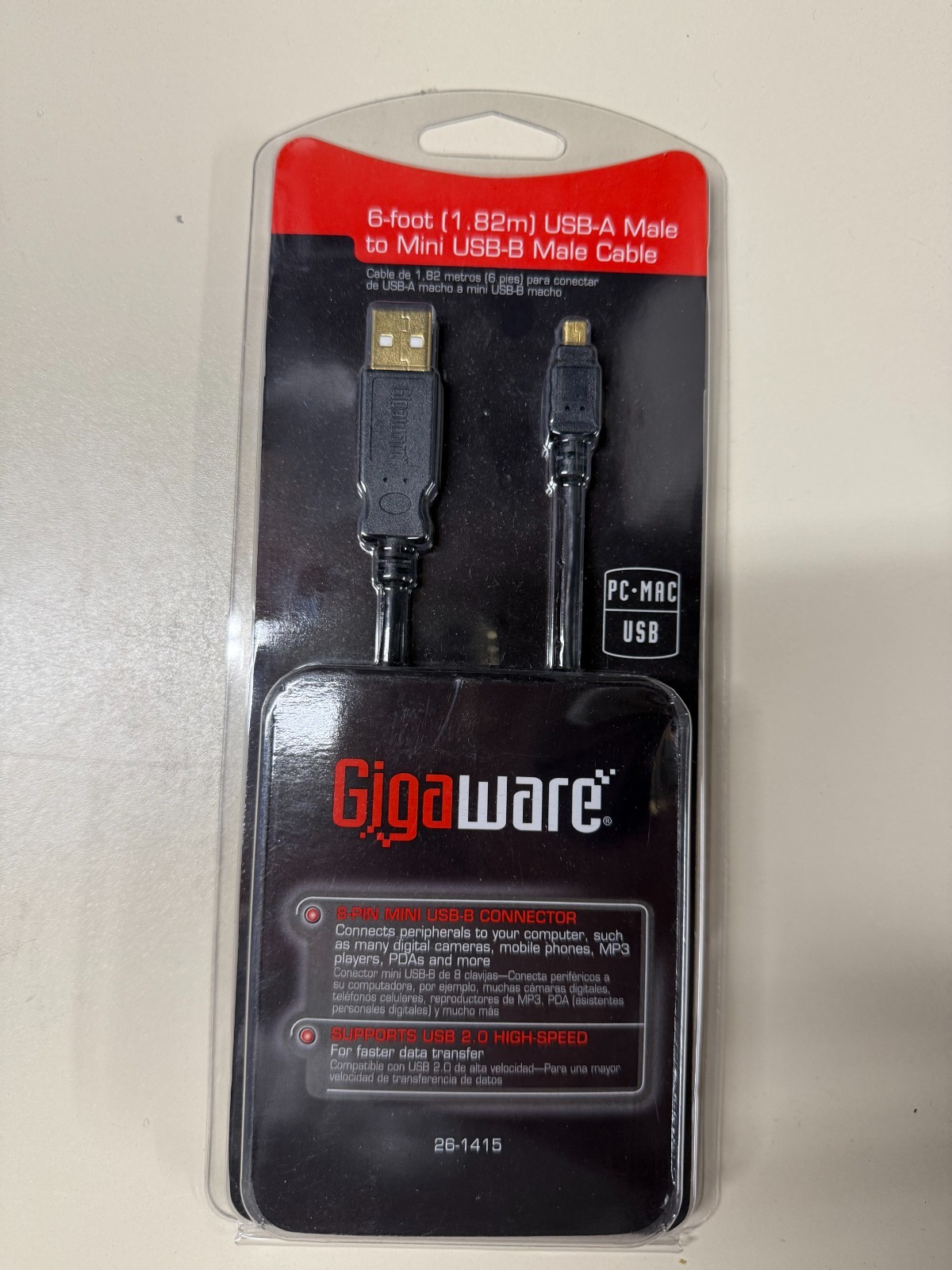 Radio Shack Gigaware 6ft USB-A Male To Mini USB-B Male Cable.