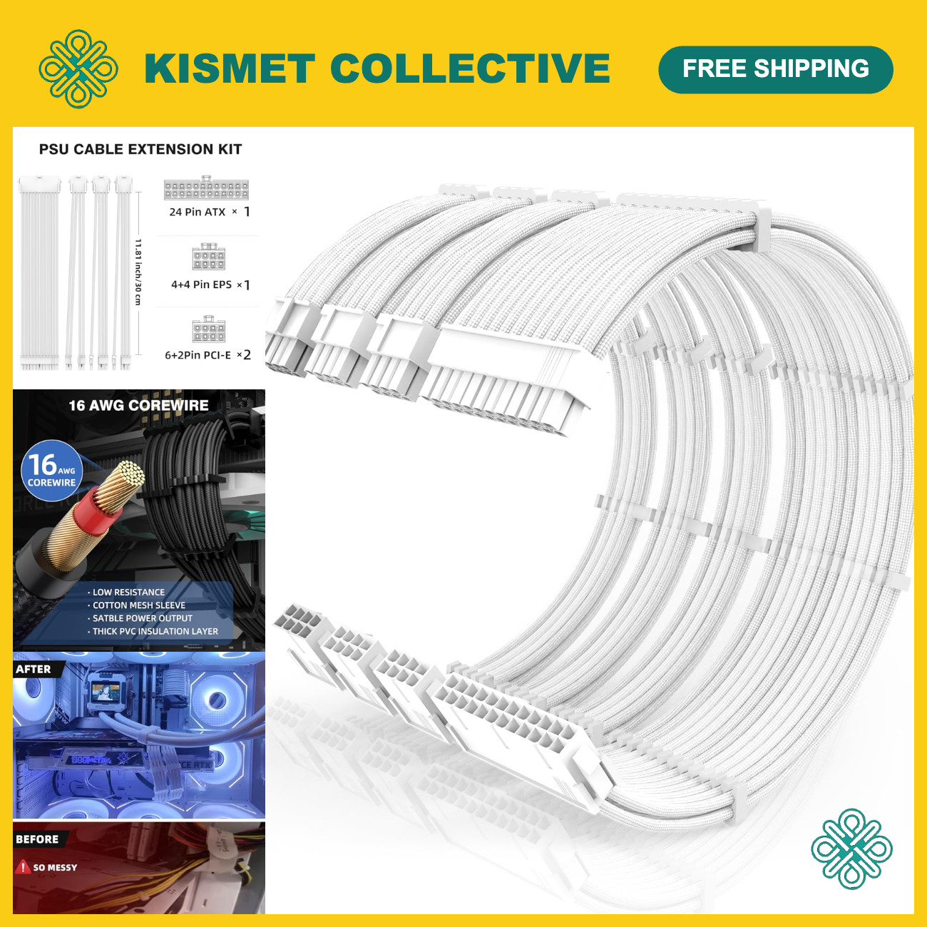 16AWG PSU Cable Extension Kit, 30cm Sleeved Cables, ATX, EPS, PCIe, Cable Combs