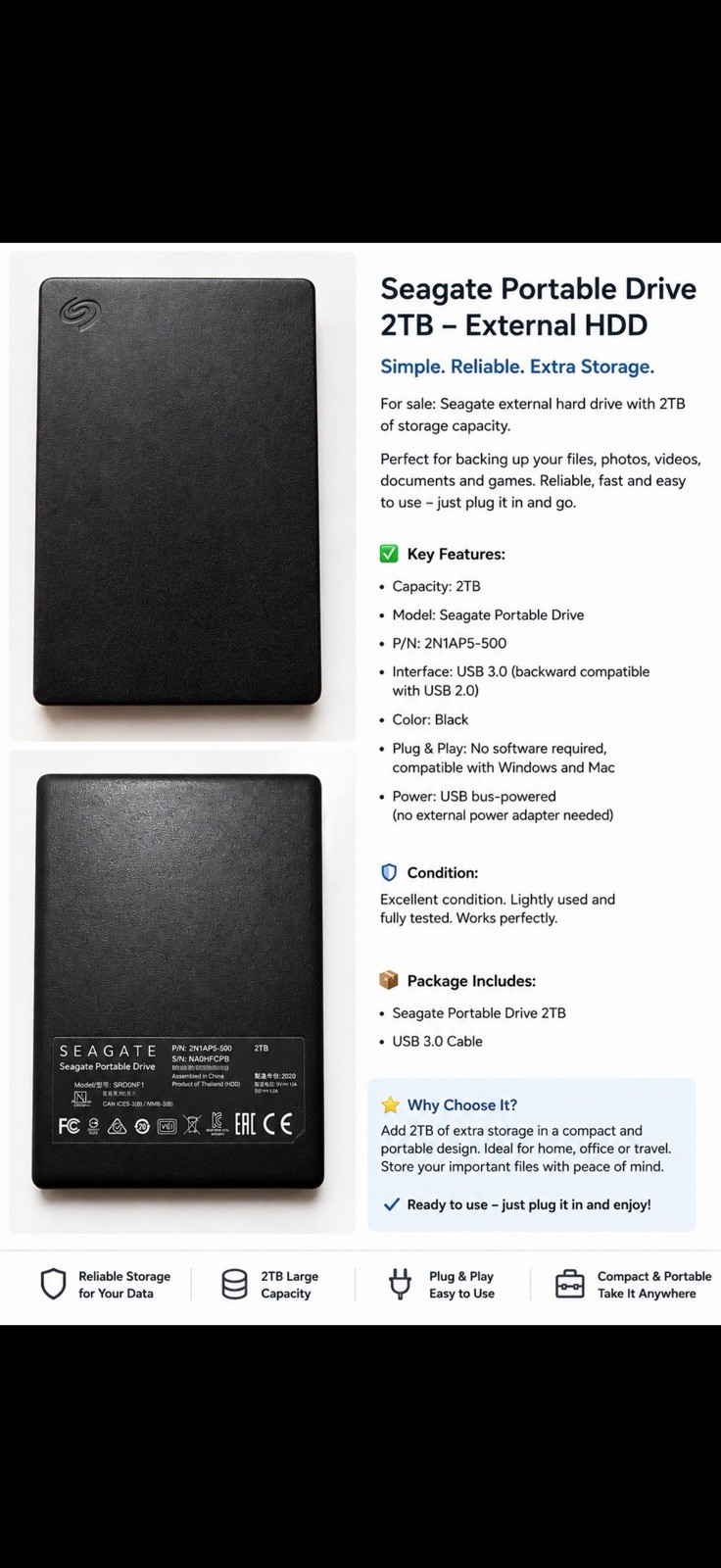 Seagate Expansion Portable Drive 2TB External Model SRD0NF1