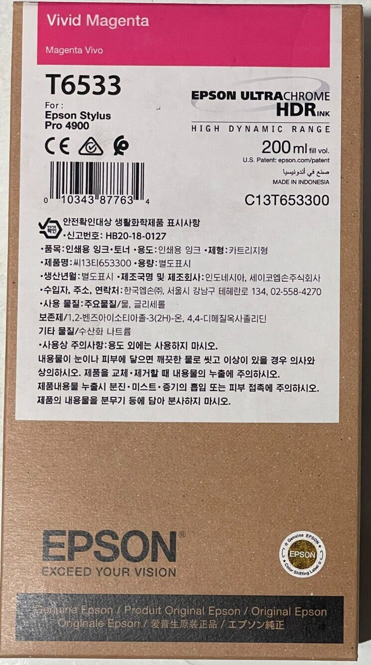 Epson Stylus Pro 4900 Genuine T6533 Vidid Magenta Ink 200ml EXP 6/2025