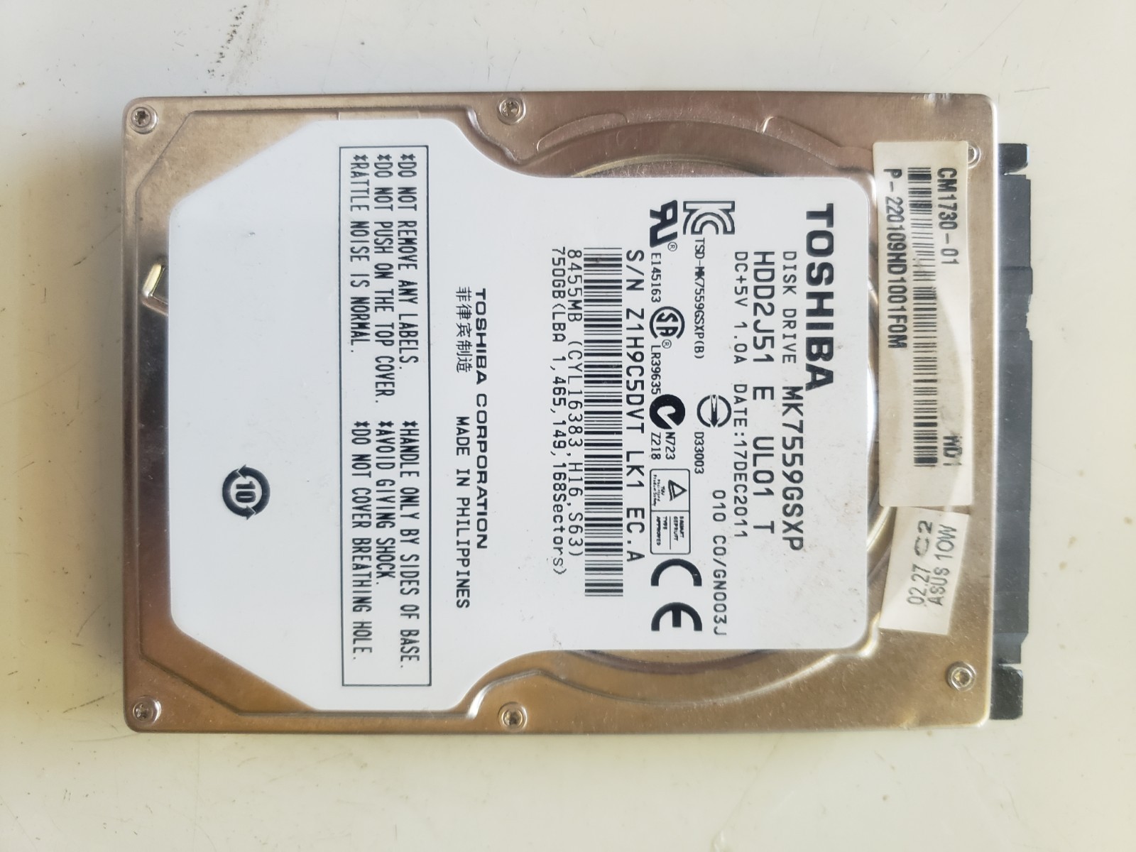 Toshiba 750GB MK7559GSXP HDD2J51 Z1H9C5DVT LK1 EC.A #18