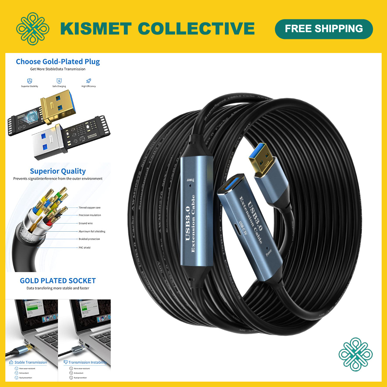 50FT USB 3.0 Extension Cable Male to Female with Signal Booster & USB-C Port for