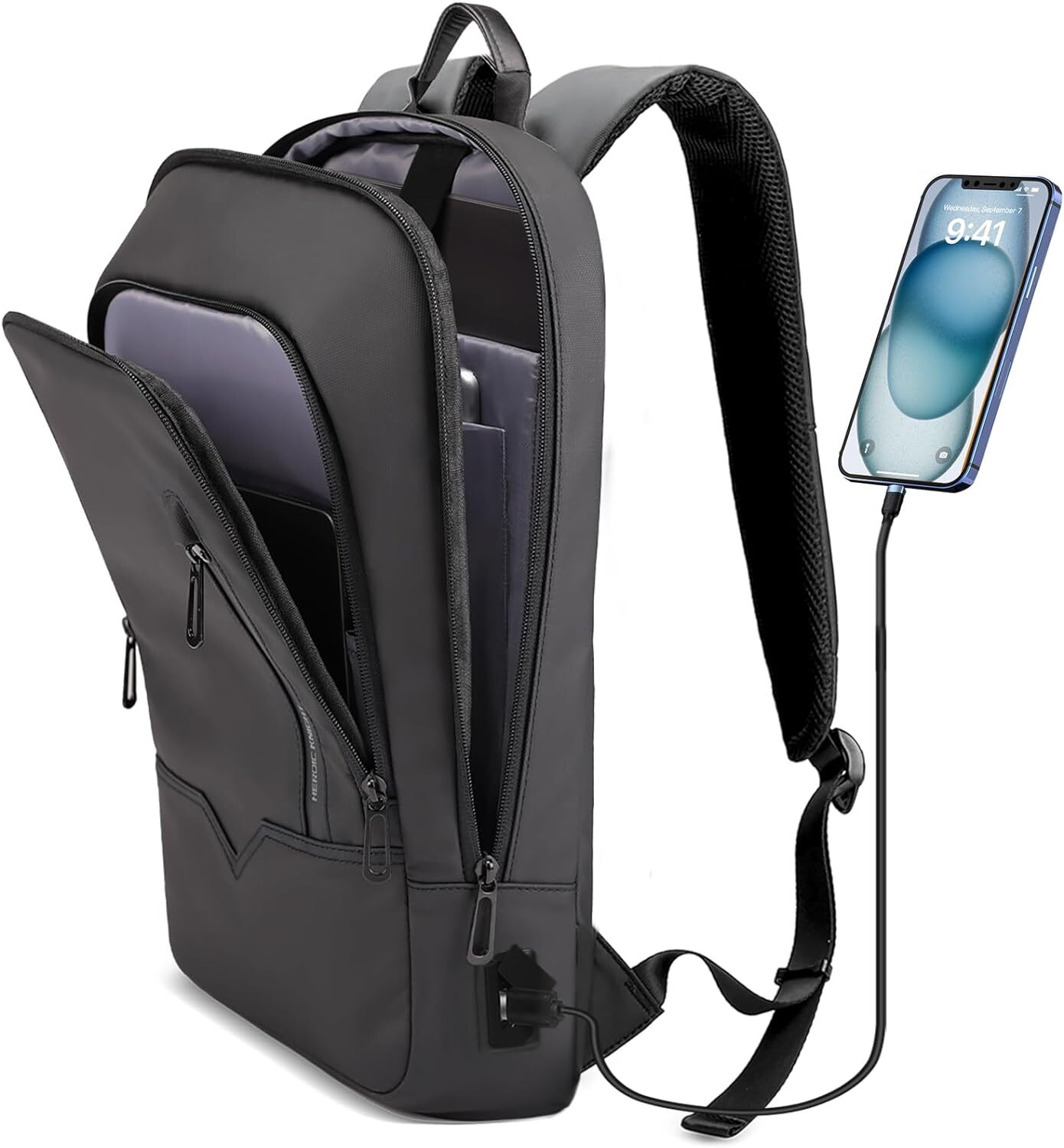 hk Backpack for Men Business Slim with USB Charger 17.3 Inch, Black 