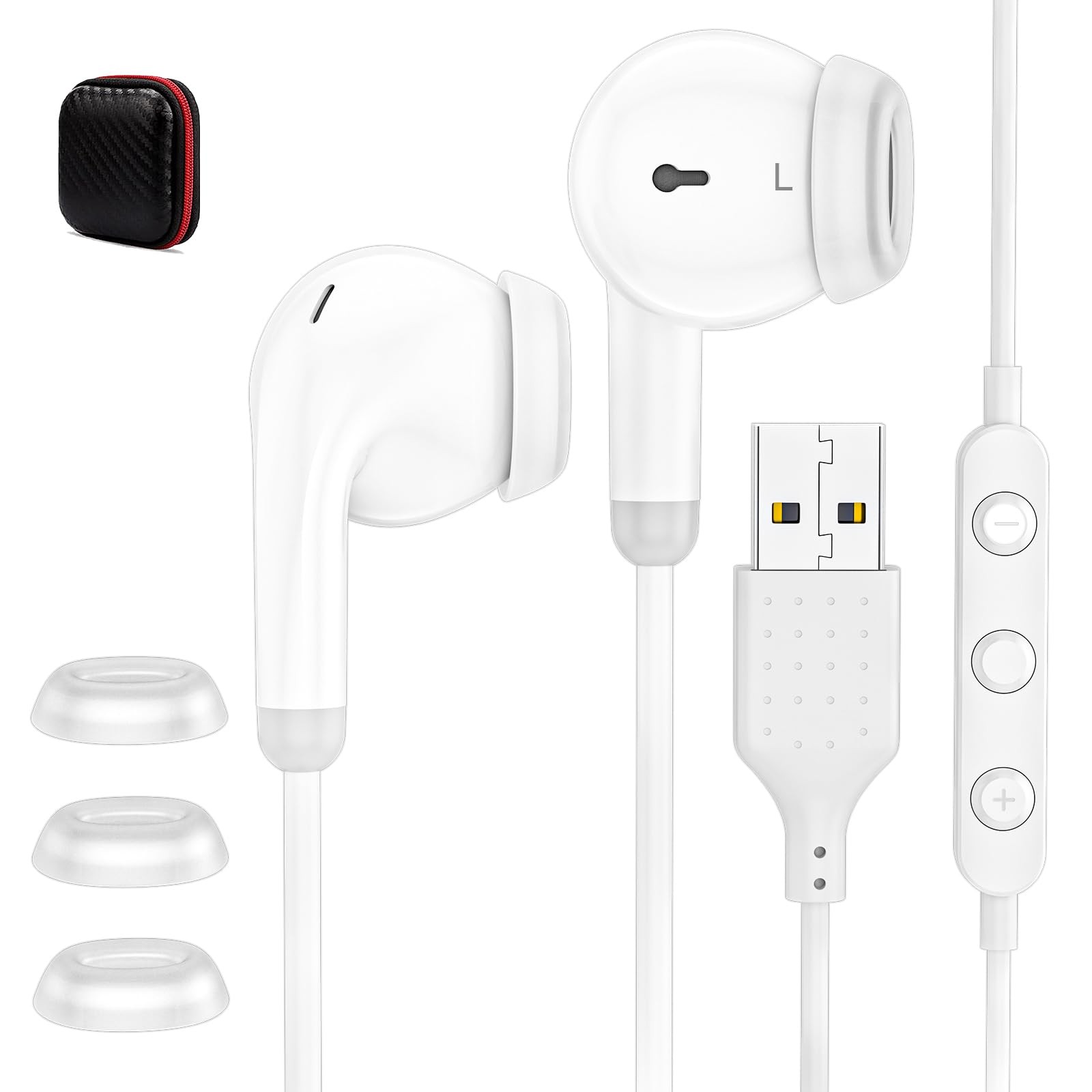 USB Earbuds with Microphone PC In-Ear USB A Wired Computer Headphones White