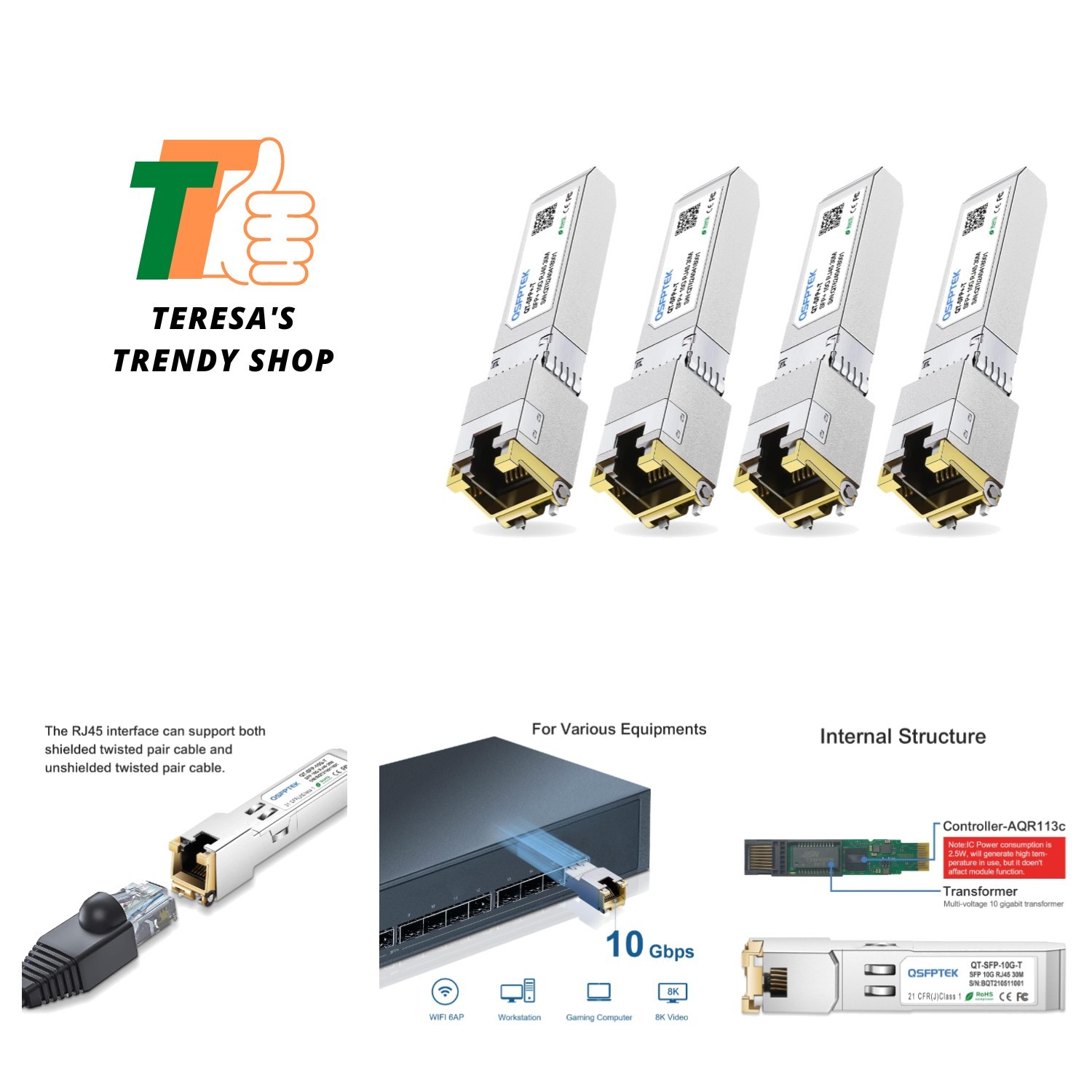 4Pack 10GBASE-T SFP+ to RJ45 Copper Module Mini-GBIC Transceiver for Cisco SF...