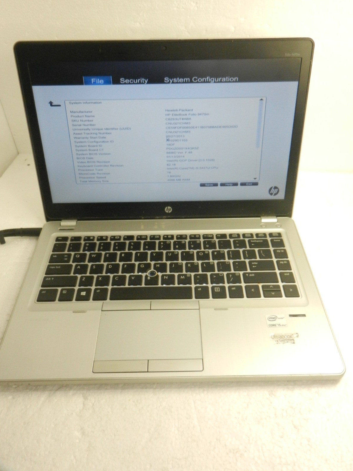 HP EliteBook Folio 9470m Intel Core i5-3427U @ 1.80GHz / 4GB / NO HDD