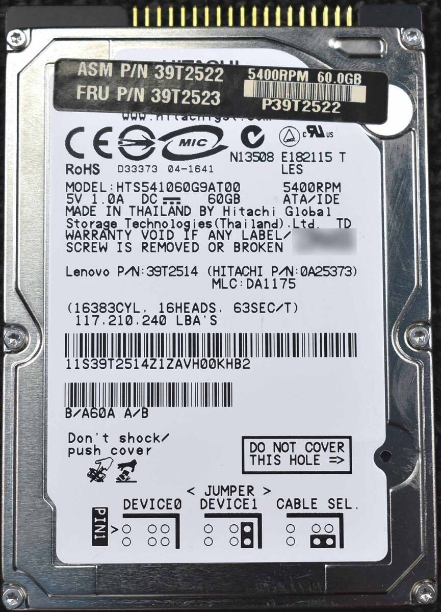 HITACHI HTS541060G9AT00 [60GB 2.5-inch 9.5mm SATA HDD 2005 model Usage 3075H (Cr