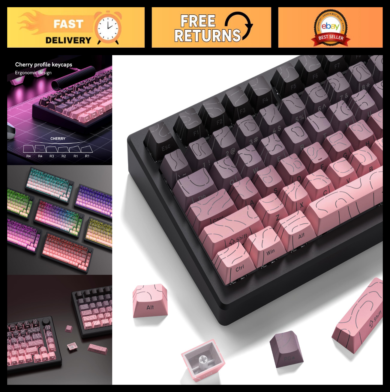 Pink Grey Topographic Backlit Gradient Keycap Set - Cherry Profile for Mechanica