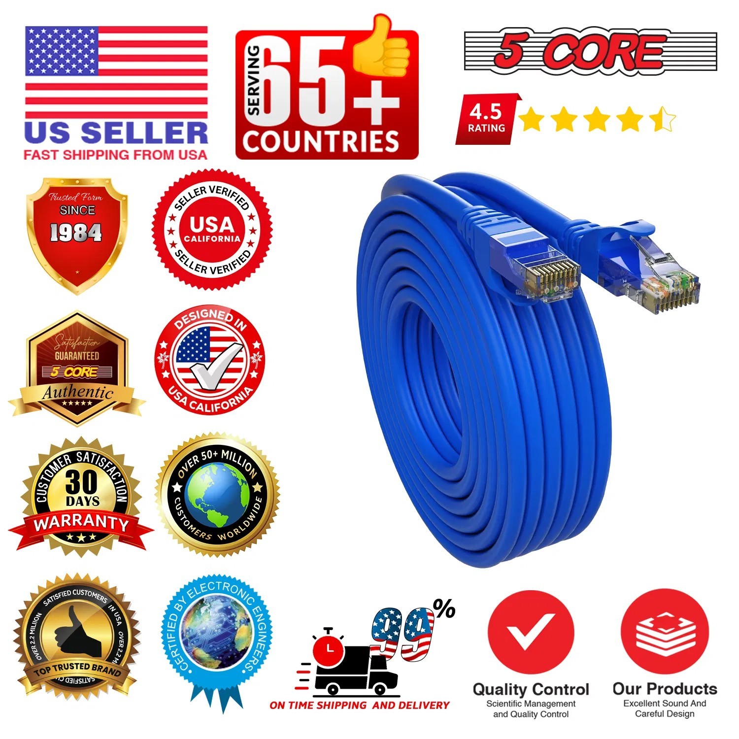 Cat 6 Ethernet Cable 20 ft Blue RJ45 5 Core LAN Patch Cord 24AWG Computer