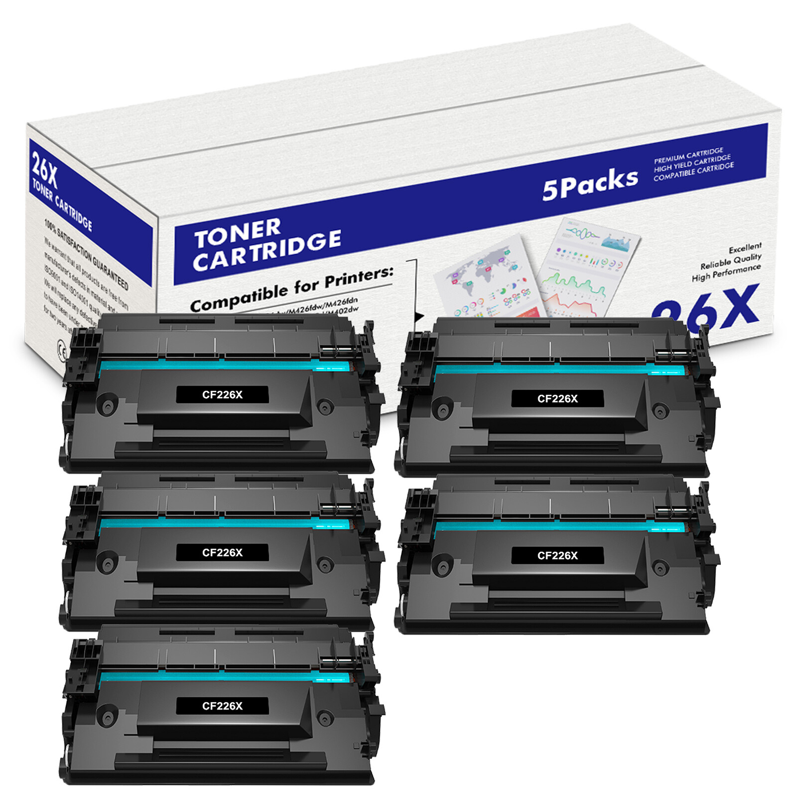 5x CF226X Toner Cartridge W/Chip For HP 26X Laserjet Pro M402dn M426 M426fdw