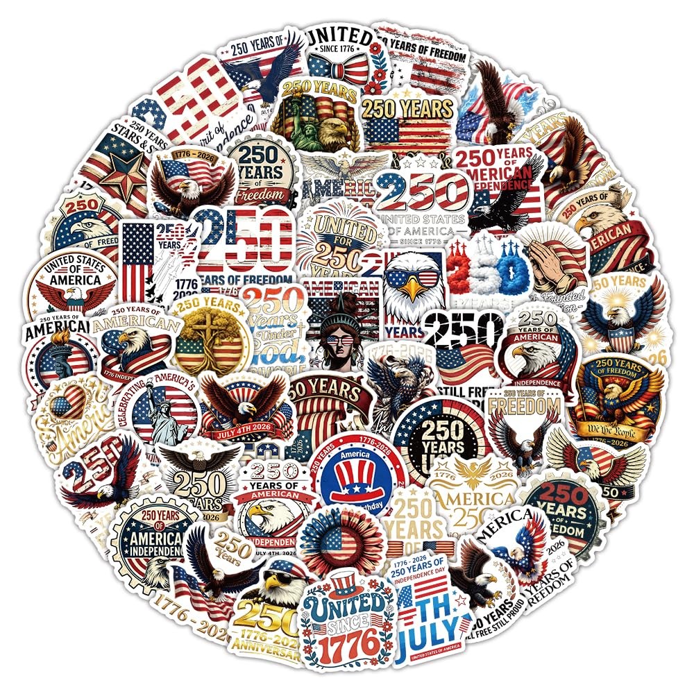 60PCS 250th Anniversary USA Stickers, America 250 Patriotic Vinyl Multicolor