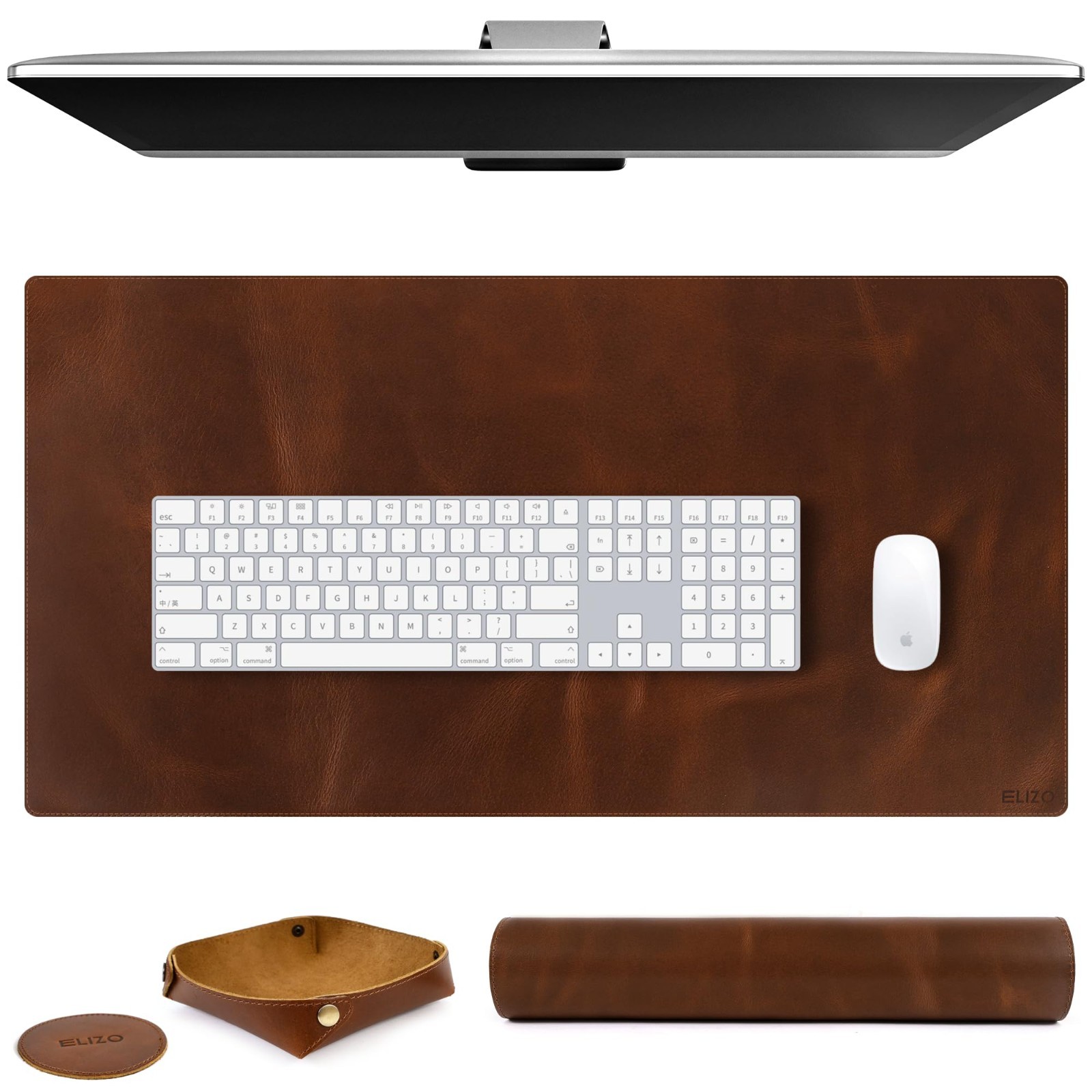 Large Real Leather Desk Mat Set 32x16" - Blotter Protector for Office & Gaming