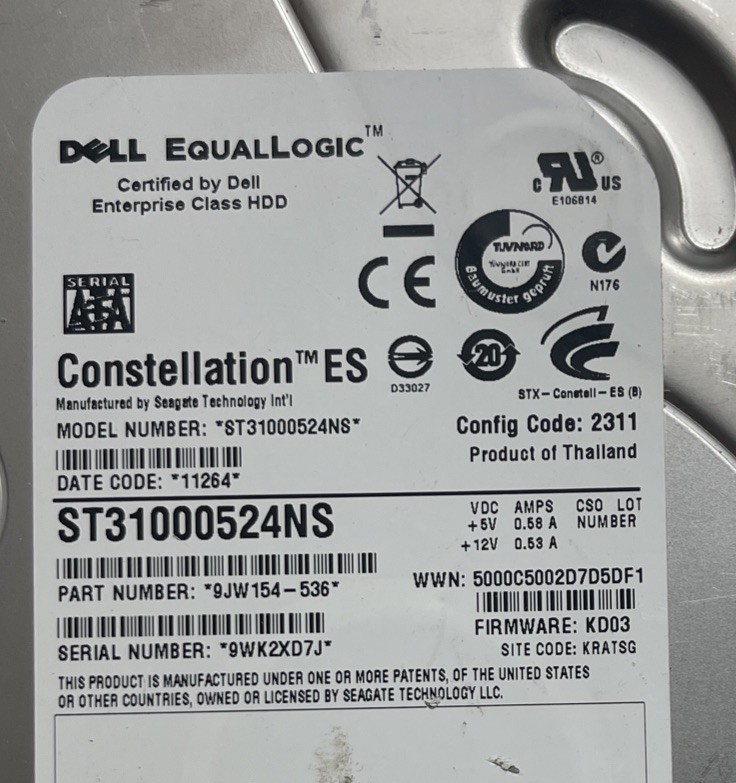 DELL EQUALLOGIC ST31000524NS ES 1TB 7.2K SATA 3.5" HDD 9JW154-536   DH