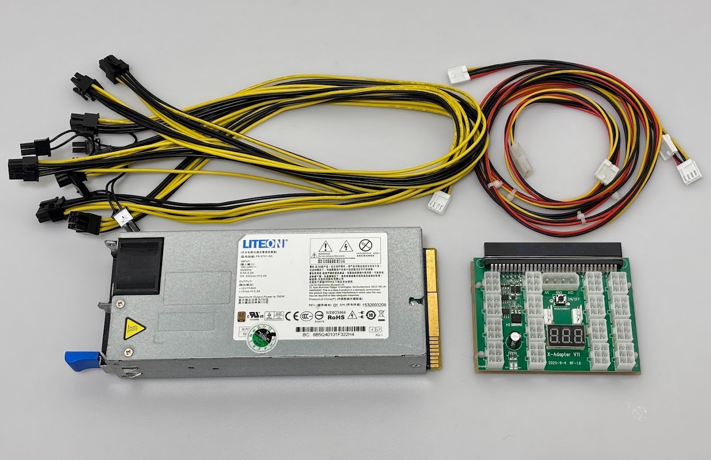 LiteOn 750W Server PSU PS-2751-5Q w/ X-Adapter V11 Breakout Board & Cables