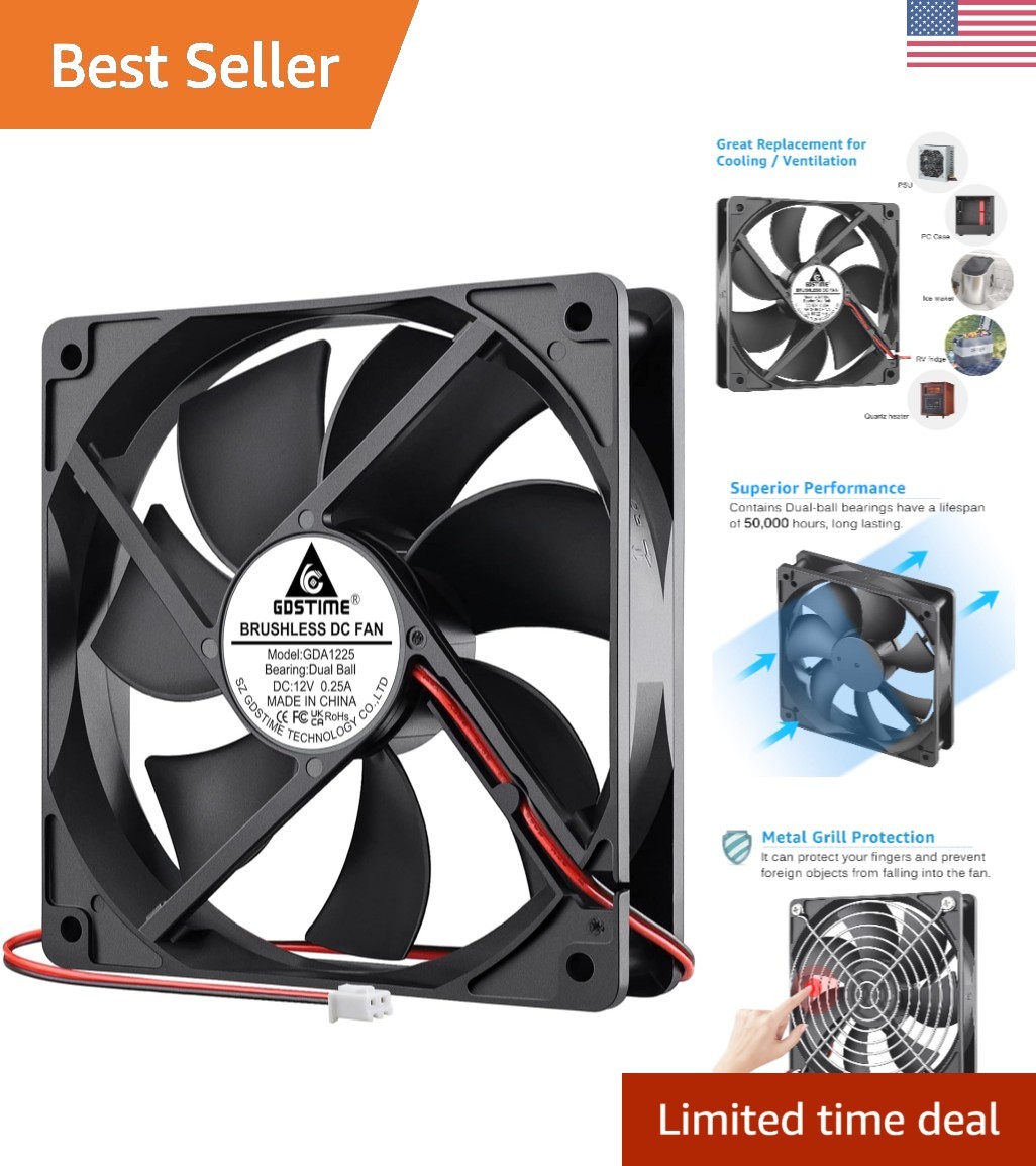 Efficient 12V Brushless Cooling Exhaust Fan 120mm x 25mm - Dual Ball Bearings