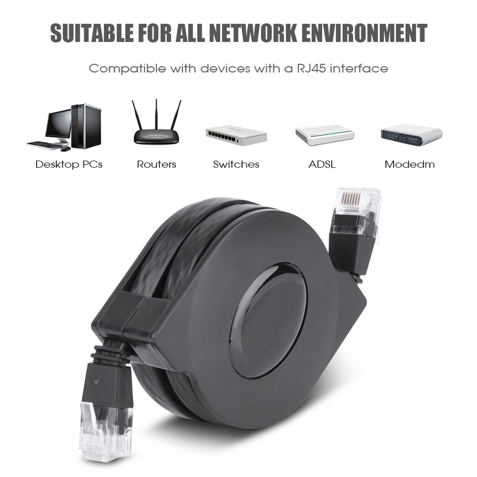 1pc New 1m/2m Adjustable Retractable CAT6 RJ45 Lan Network Cable Cord Black