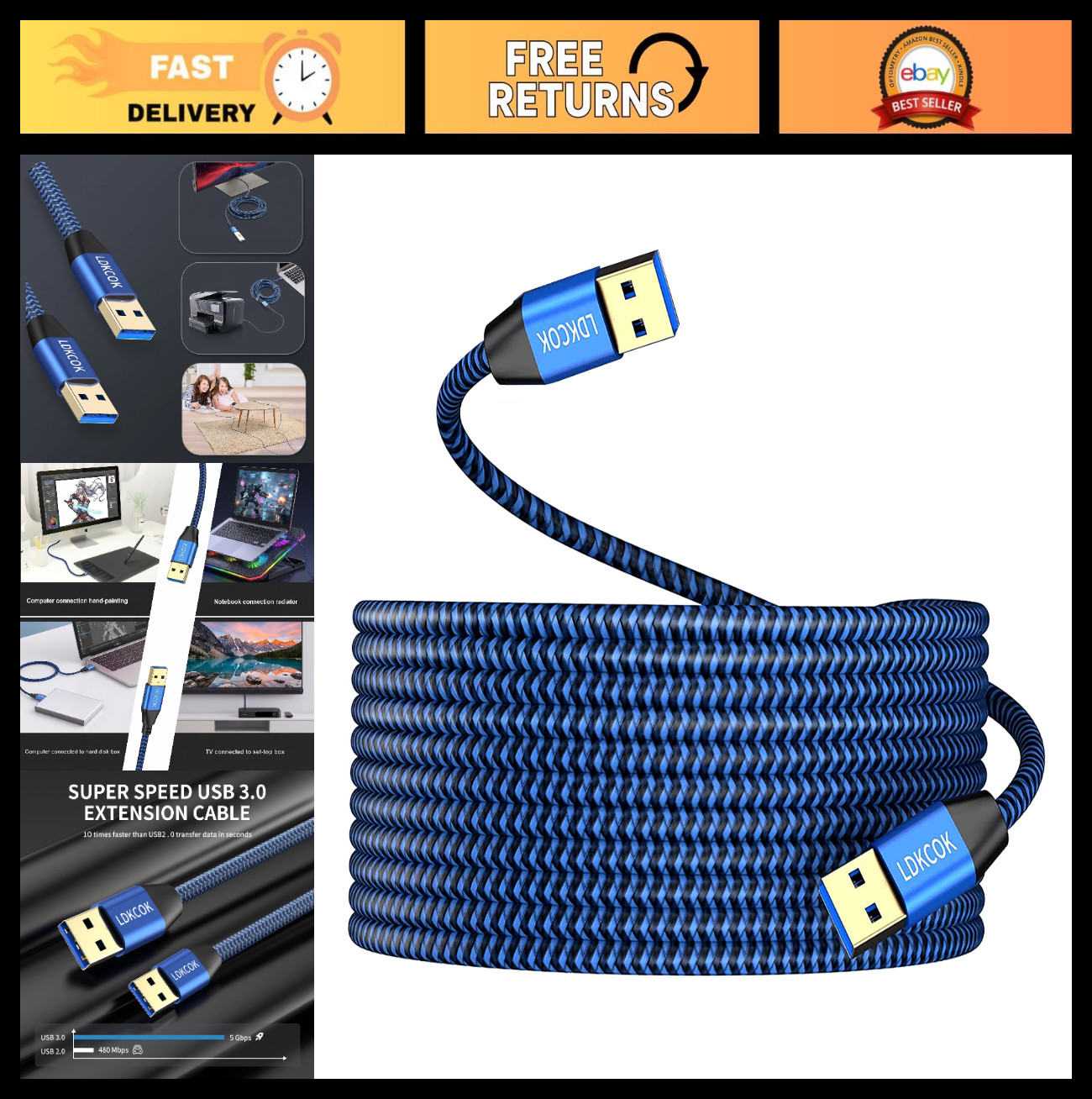 20FT USB 3.0 Male to Male Braided Cable - Durable Data Transfer for Laptop, TV,