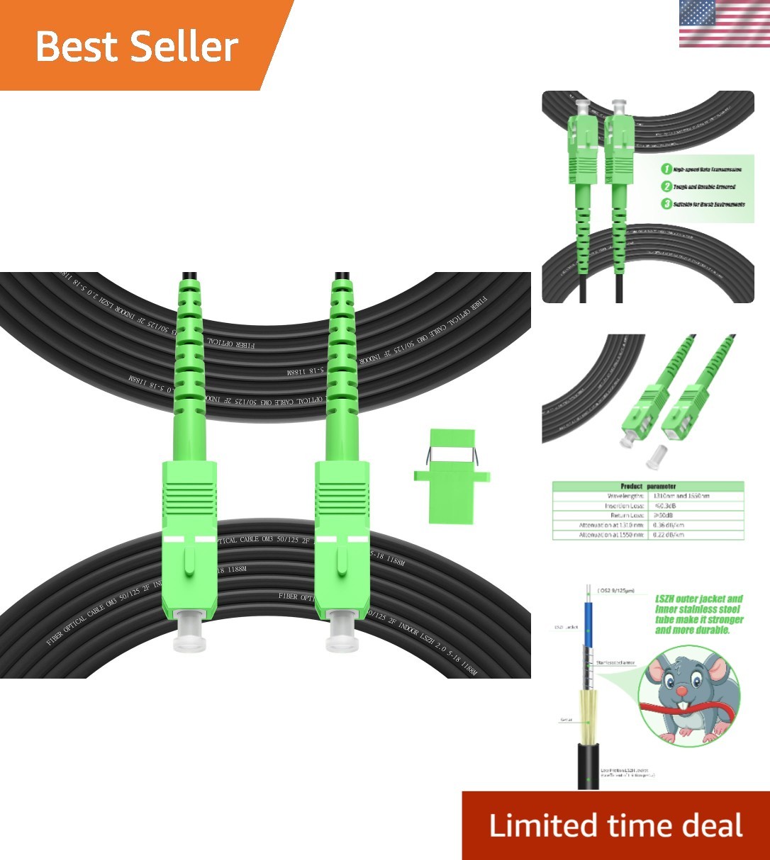30m SCA to SCA Outdoor Fiber Optic Cable - LSZH Armored, Low Loss, Black