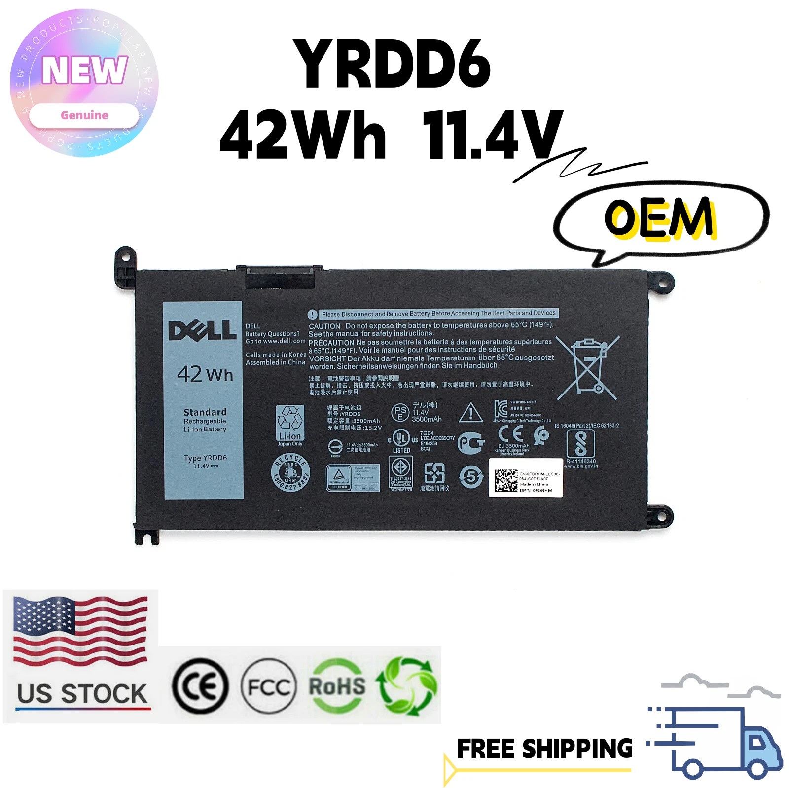 OEM Genuine 42WH YRDD6 Battery For Dell Inspiron 3493 3582 3583 3584 7586 3793
