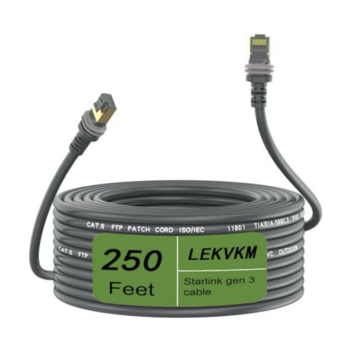 LEKVKM Starlink Gen 3 Cat6 Shielded Gray Ethernet Cable 250ft RJ45-RJ45