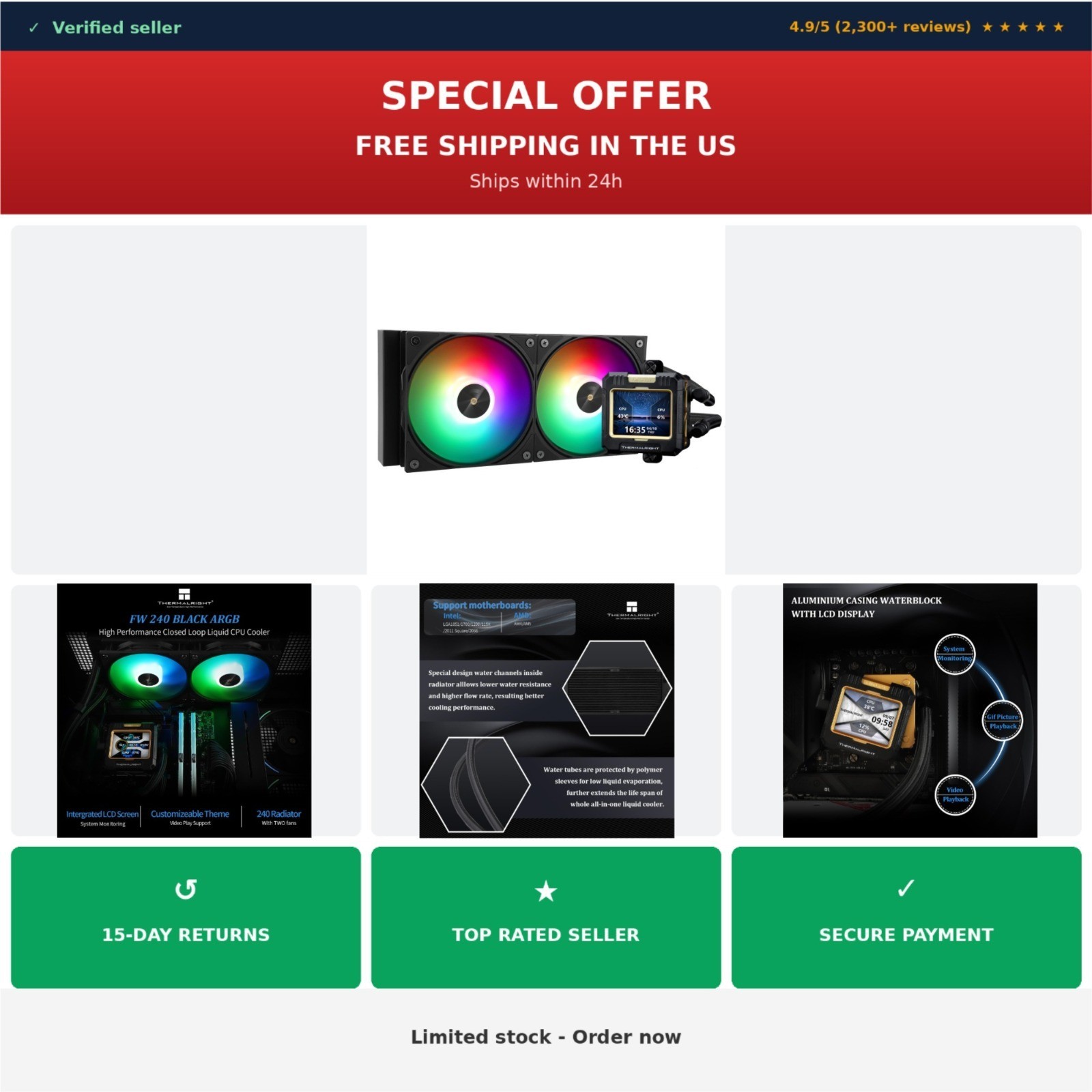 Thermalright FW 240 Black ARGB 240mm AIO CPU Liquid Cooler with IPS LCD Screen