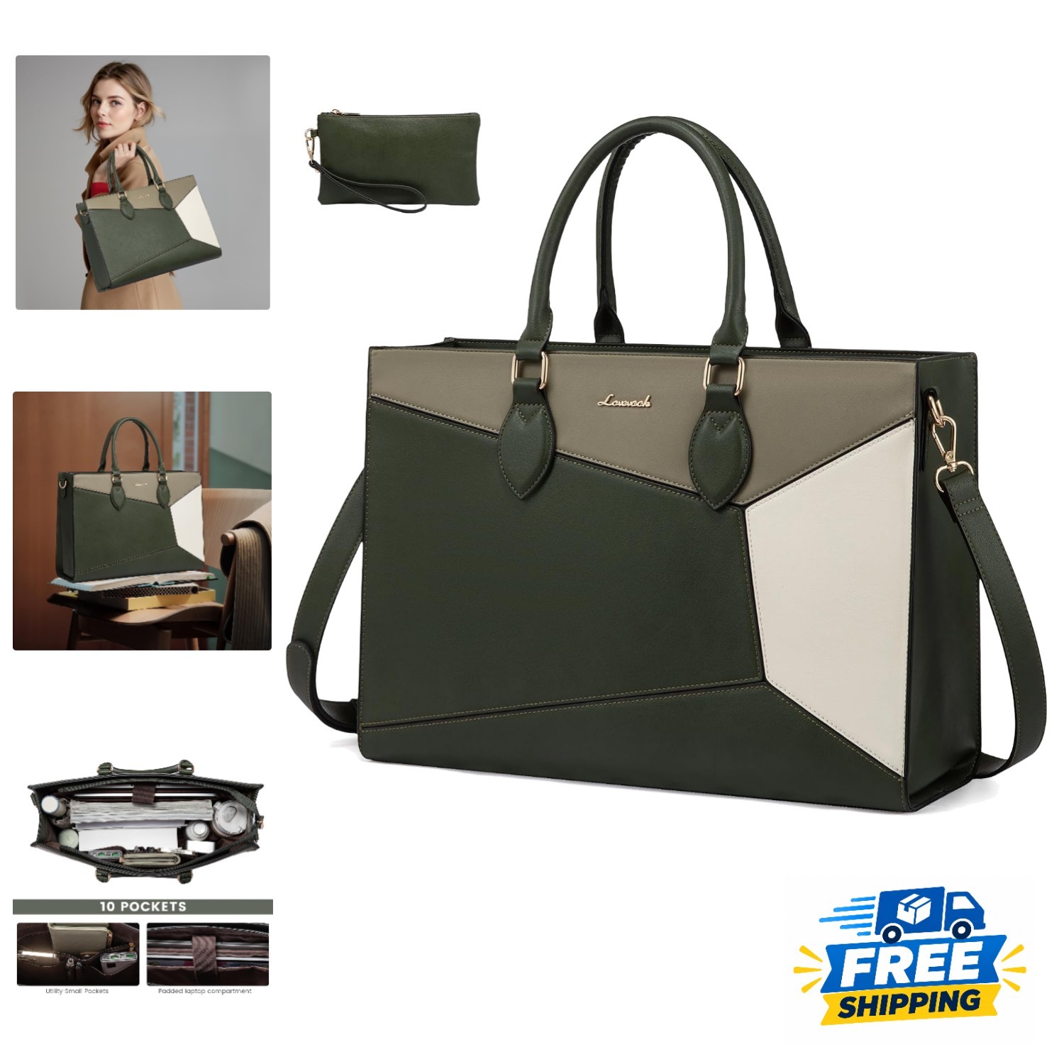 Spacious 15.6 Inch Women’s Laptop Tote Bag with Clutch – Ideal for Professionals