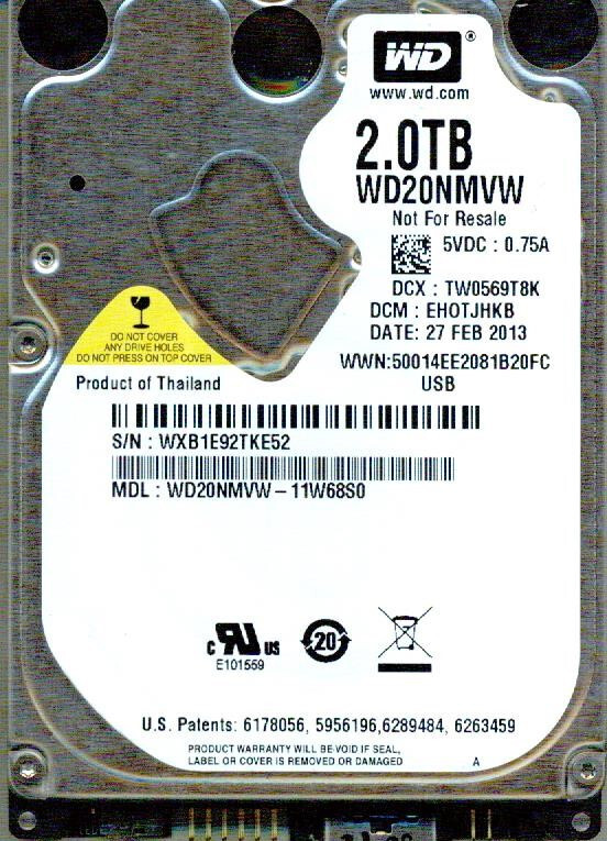 WD20NMVW-11W68S0,  EHOTJHKB,  WESTERN DIGITAL 2TB, USB 3.0 WXB1  FEB 2013