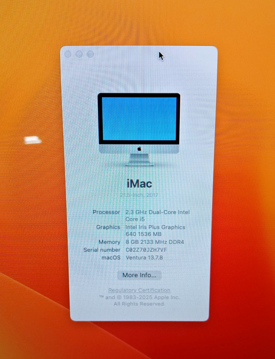 Apple iMac 21.5" 2017 2.3GHz Dual-Core i5 8GB RAM 1TB HDD Ventura Slim A1418