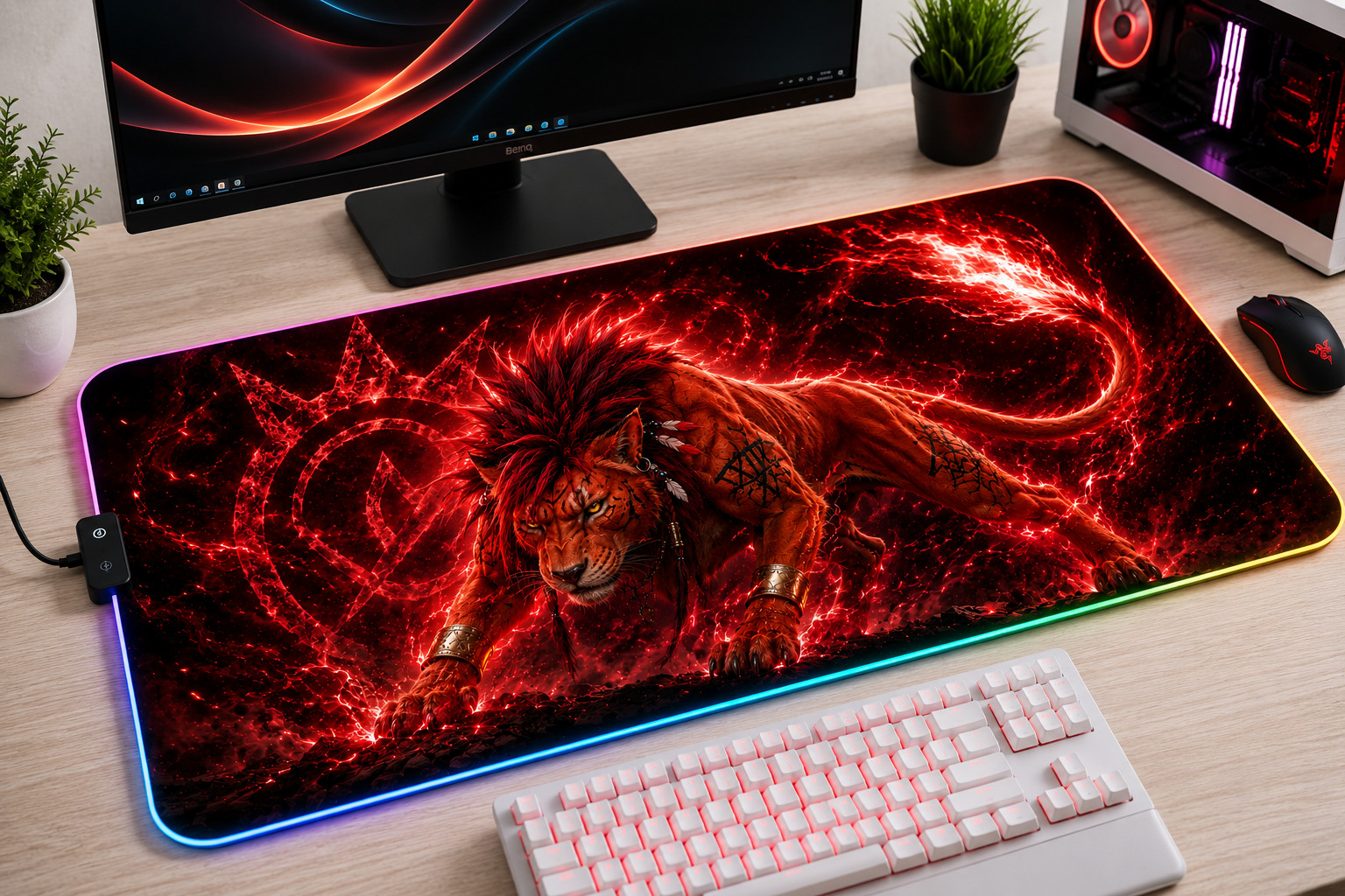 FF7 Red XIII RGB XXL Gaming Mouse Pad Final Fantasy VII LED Desk Mat PC